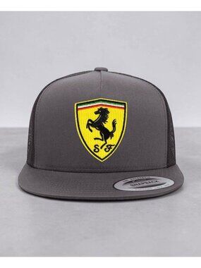 Ferrari Racing Patch on YP Flat Bill Trucker Hat Mesh Back Snapback charcoal/bla